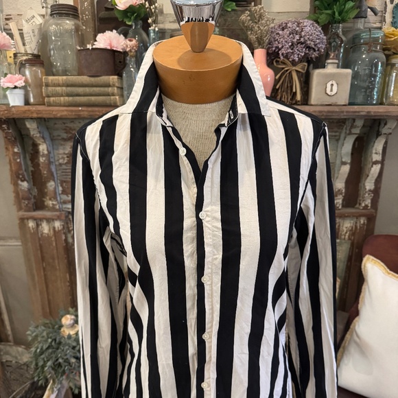 H&M WIDE Black & Cream STRIPED COTTON Button Down TAILORED Shirt HOLIDAY Party - Picture 6 of 6